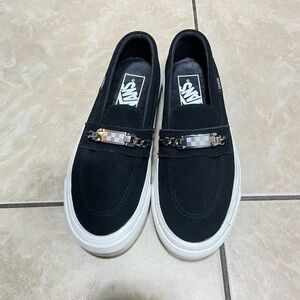 Vans Black Slip-On Loafers with Chain Accent and White Sole